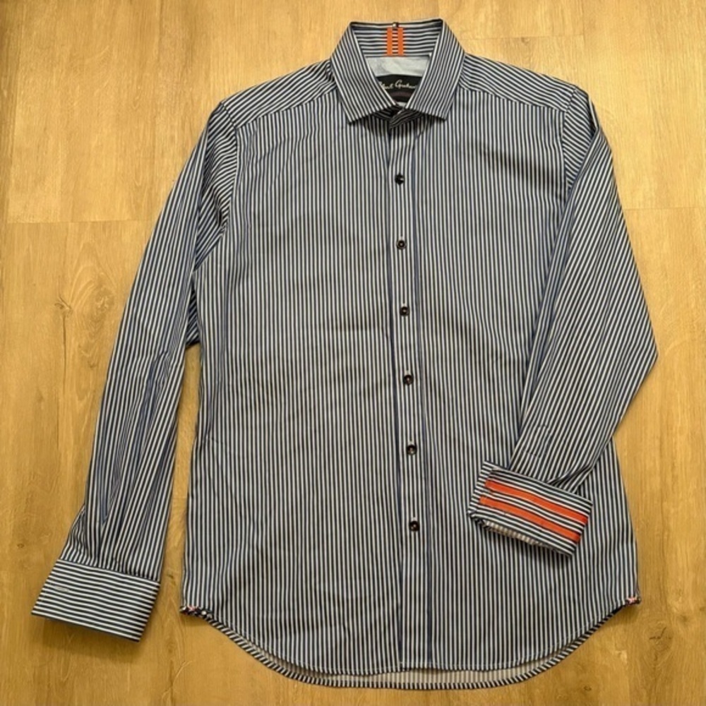 Robert Graham Men's Blue Striped Shirt with Cuff Design Medium